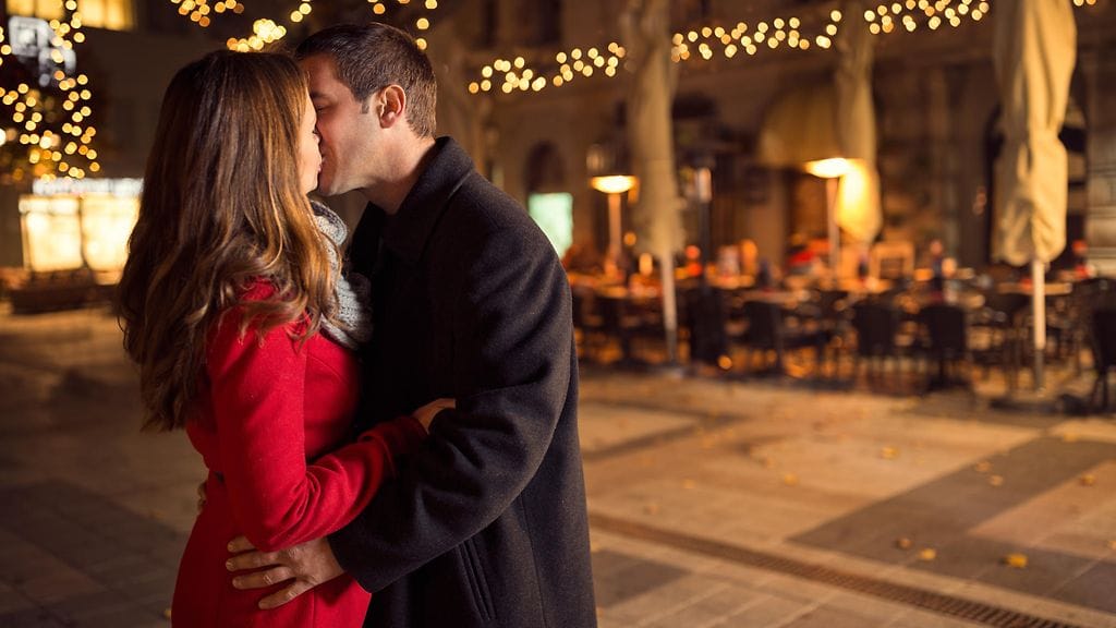 romanttinen, pariskunta, joulu, rakkaus, suudelma