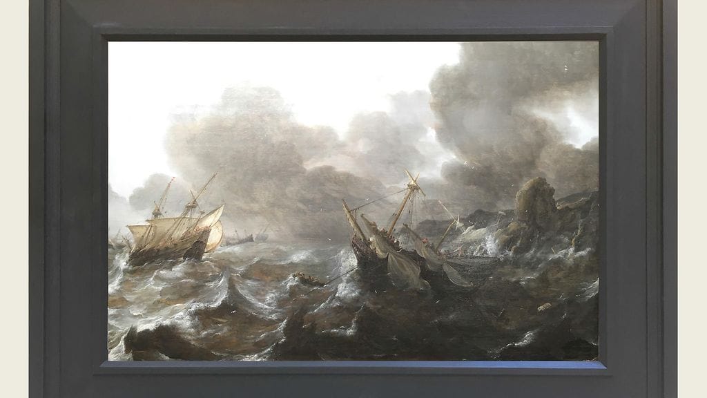 Jan Porcellisin teos Ships in Distress on a Stormy Sea (suom. laivat merihädässä myrskyisellä merellä) oli toinen Saksassa löytyneistä maalauksista.