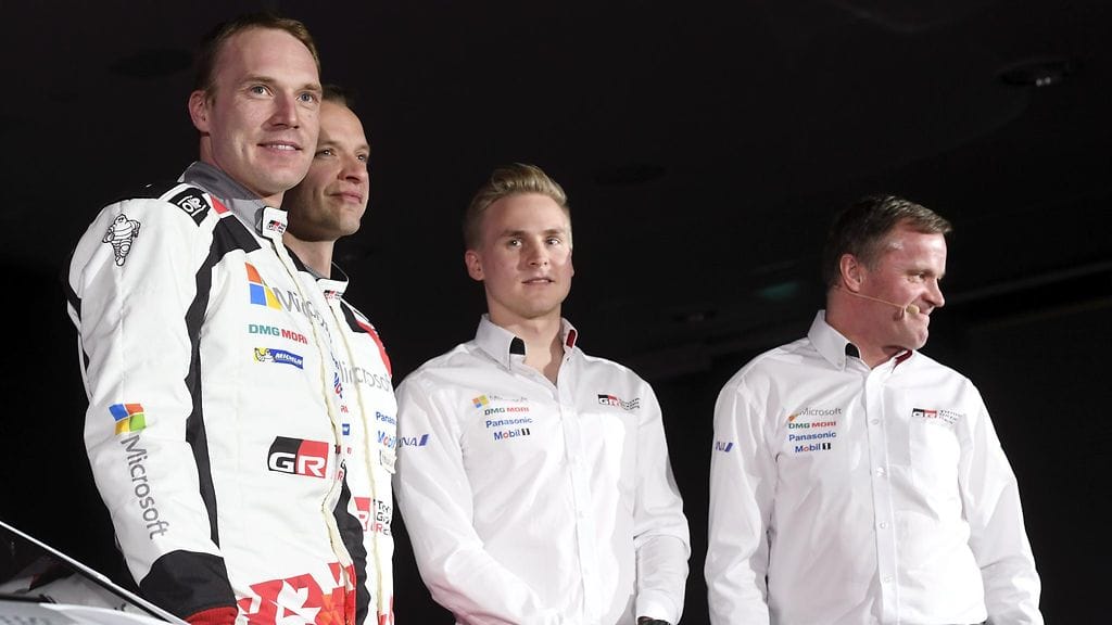 Jari-Matti Latvala (vas.), Juho Hänninen, Esapekka Lappi ja Tommi Mäkinen muodostavat Toyotan WRC-tiimin ytimen.