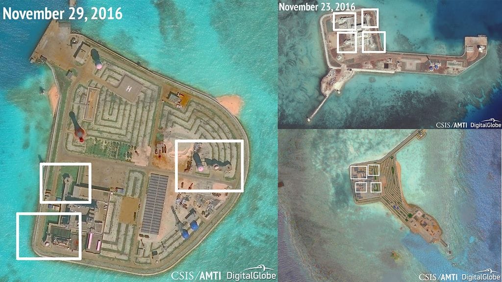 Asia Maritime Transparency Initiativen julkaisemat satelliittikuvat näyttävät aseita, jotka on suunniteltu muun muassa ohjuspuolustukseen. Kuva: CSIS/AMTI