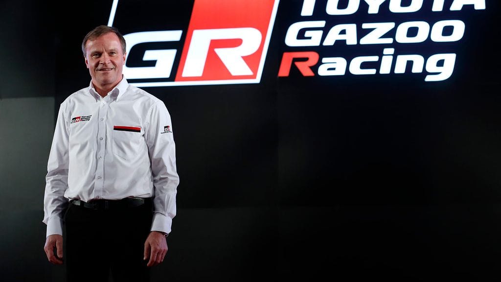 Tommi Mäkinen tiistaisessa Toyotan uuden WRC-auton ja kuskien julkistamistilaisuudessa.