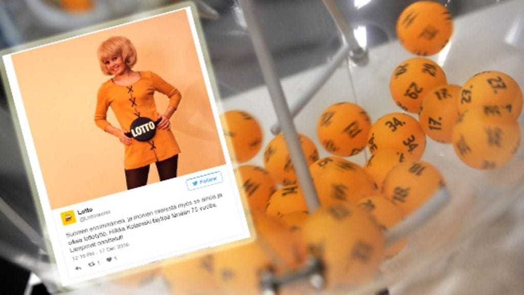 Kuvituskuva Lotto-palloista ja Lotto-Twitter-tilin kuvakaappaus Lotto-tytöstä.