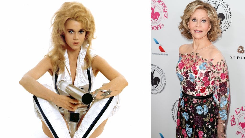 Jane Fonda vuonna 1967 Barbarella-elokuvassa ja vuonna 2016 punaisella matolla.