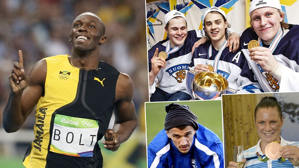 Isossa kuvassa Usain Bolt. Oikealla ylhäällä vasemmalta lukien Jesse Puljujärvi, Sebastian Aho ja Patrik Laine. Alarivissä vasemmalla Roman Eremenko ja oikealla Mira Potkonen.