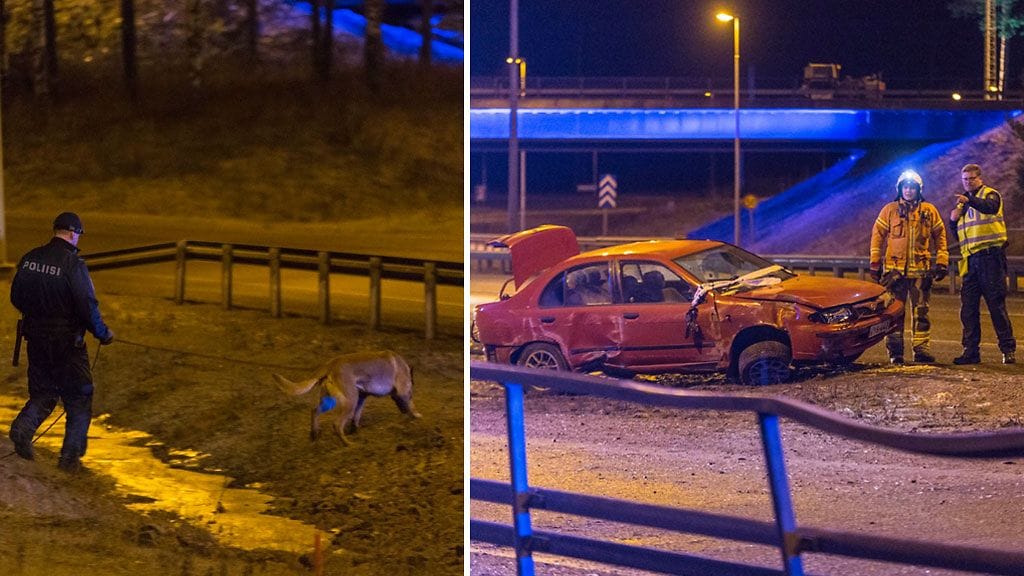 Kuva kolaripaikalta Kotkasta viime yöltä. Kuljettajaa etsittiin koiran avulla.