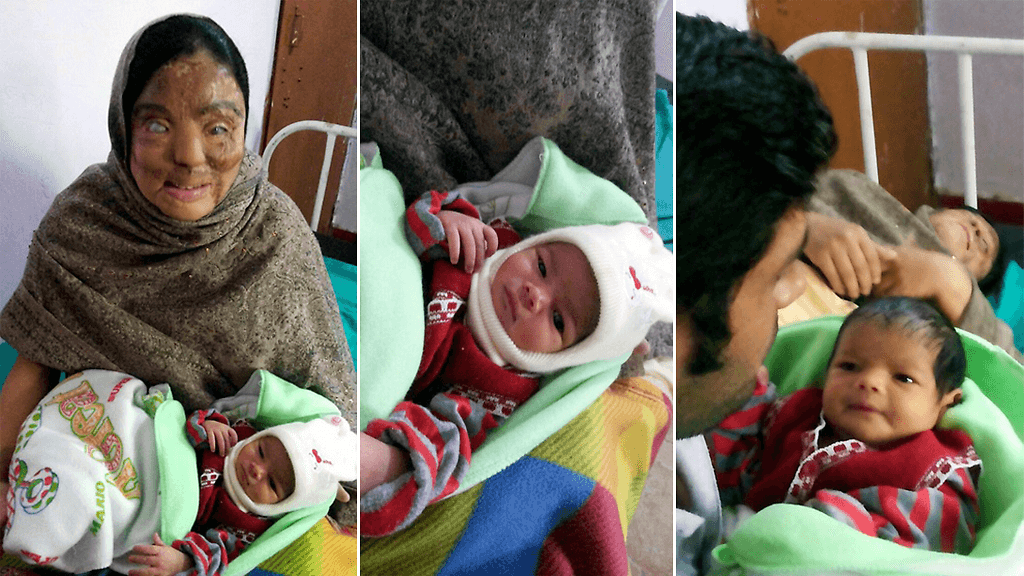 Oikeanpuoleisessa kuvassa vauva isänsä sylissä.