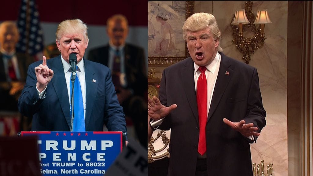 Vasemmalla Yhdyvaltojen tuleva presidentti Donald Trump, oikealla puolestaan Alec Baldwin SNL-sketsiohjelmassa.