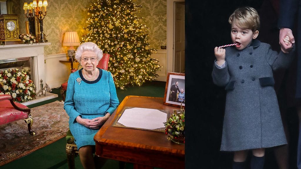 Kuningatar Elisabet II joulupuheessaan ja prinssi George joulukirkosta poistumassa 25.12.2016.