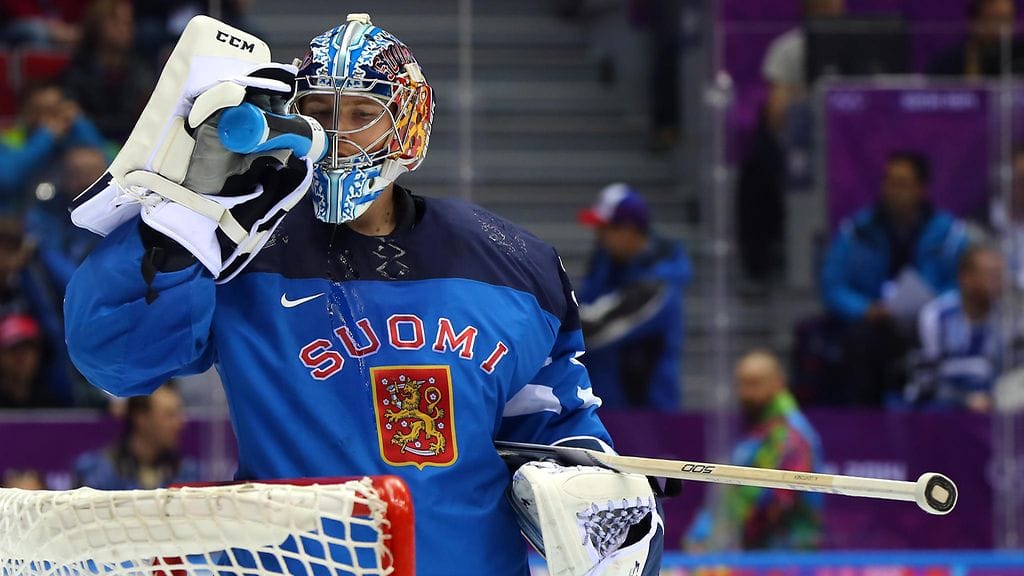 Kari Lehtonen on tuttu näky leijonapaidasta. Kuva Sotshin olympialaisista vuodelta 2014.