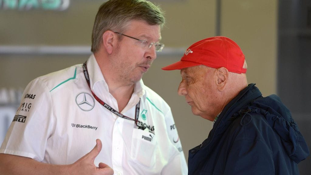 Ross Brawn ja Niki Lauda maaliskuussa 2013.