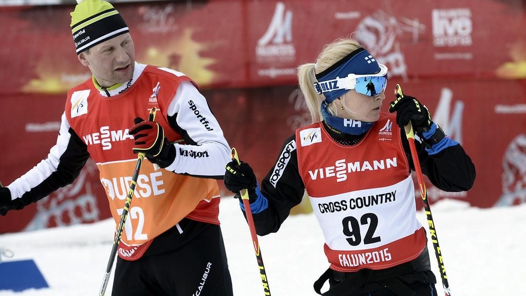 Toni Roponen ja Riitta-Liisa Roponen Falunin MM-kisoissa helmikuussa 2015.