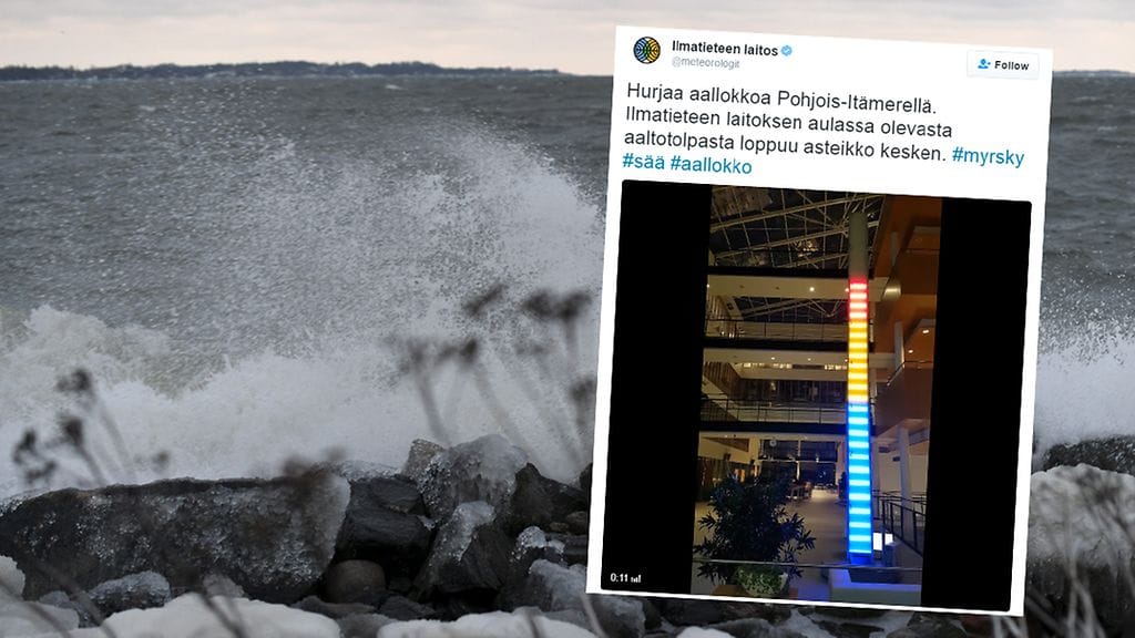 Ilmatieteen laitoksen pääkonttorin aulaan pystytetystä aaltotolpasta loppui asteikko kesken, kun Itämeren aallot nousivat hurjiin korkeuksiin merellä raivoavan talvimyrskyn aikana.