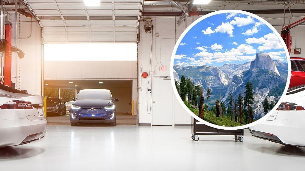 Teslan Lanthropin-tehdas sijaitsee Yosemiten kansallispuiston läheisyydessä upeissa maisemissa.