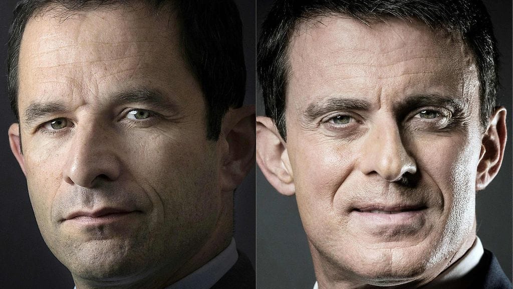 Entinen asuntoministeri Benoit Hamon (vas.) ja ex-pääministeri Manuel Valls näyttivät selviävän toiselle kierrokselle.