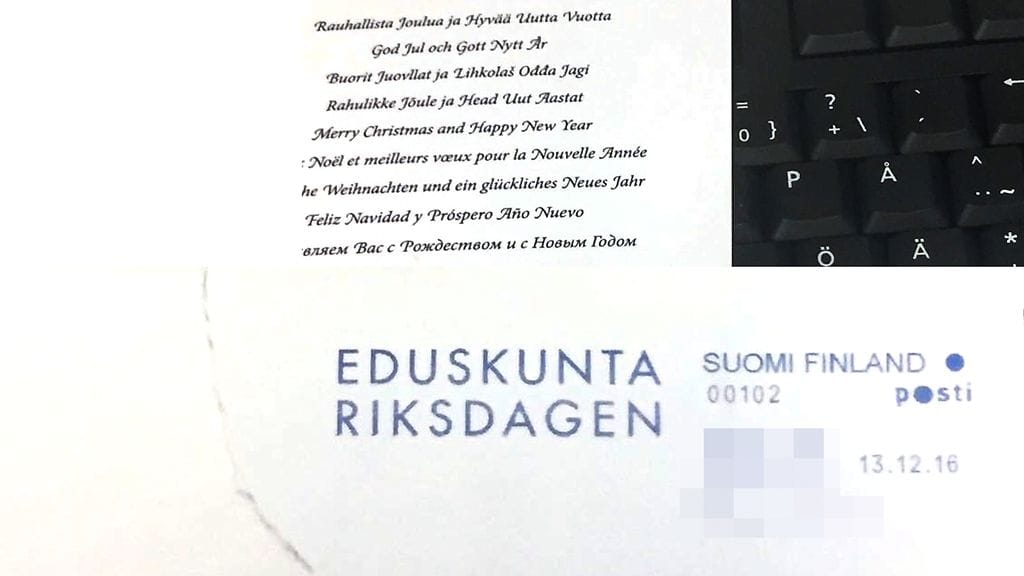 Eduskunnasta lähetetty joulukortti tupsahti espoolaismiehen postiluukusta kuukauden myöhässä.