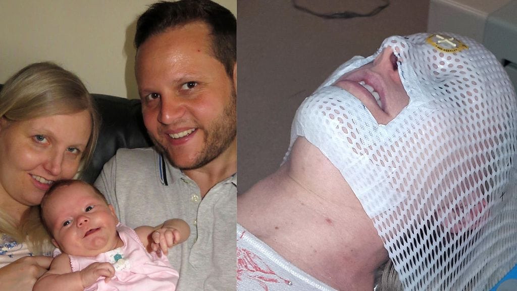 Stephanie, Neil ja Lily-vauva. Oikealla Stephanie menossa magneettikuvaan.