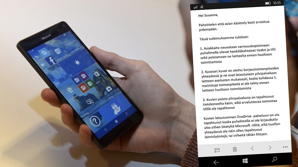 Kuvituskuvassa Microsoftin Lumia-puhelin ja Susannan saama viesti asiakaspalvelusta.