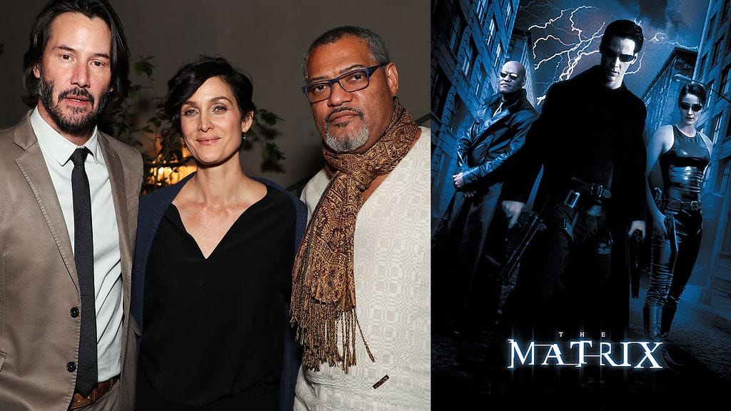 Vasemmanpuoleisessa kuvassa Keanu Reeves, Carrie-Anne Moss ja Laurence Fishburne vuonna 2017. Oikealla Fishburne, Reeves ja Moss Matrix-elokuvajulisteessa vuodelta 1999.