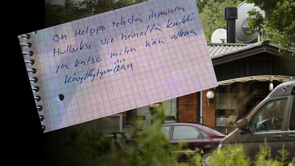 Vihko löytyi miehen työpöydältä. Kuva vihkosta poliisin esitutkintamateriaalista.
