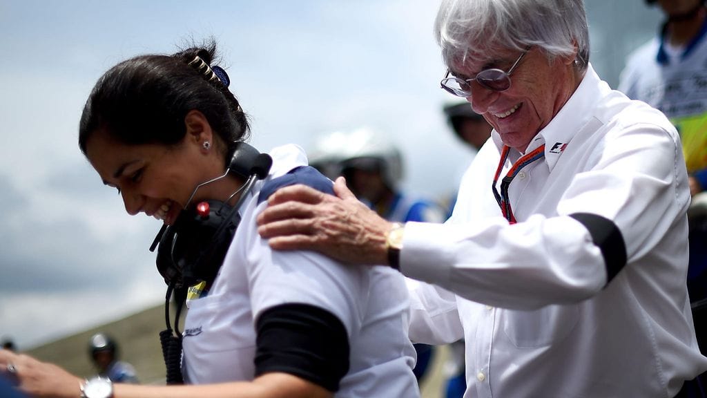 Monisha Kaltenborn ja Bernie Ecclestone Sao Paulossa marraskuussa 2015.