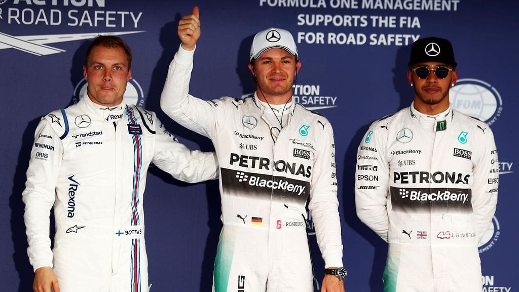 Valtteri Bottas, Nico Rosberg ja Lewis Hamilton Venäjän GP:ssä 2015.