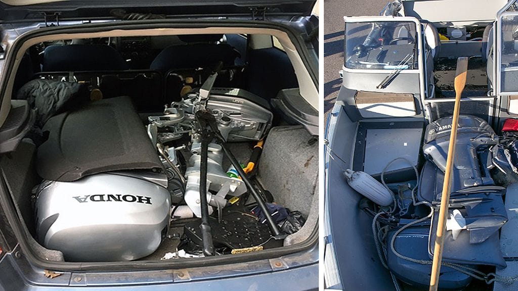 Poliisin kuvat: 11 perämoottoria vieneen miehen saalista löydettiin tämän auton takakontista. Merellä pysäytetyssä veneessä oli muista veneistä vietyjä perämoottoreita.