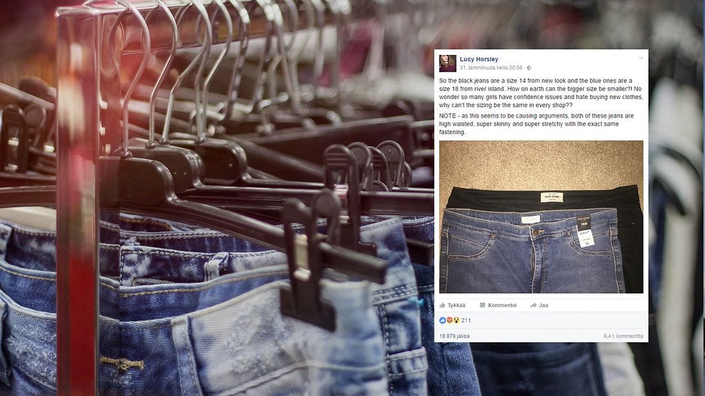 Teini huomasi, että farkkujen mitoitukset eroavat huomattavasti kaupasta riippuen.