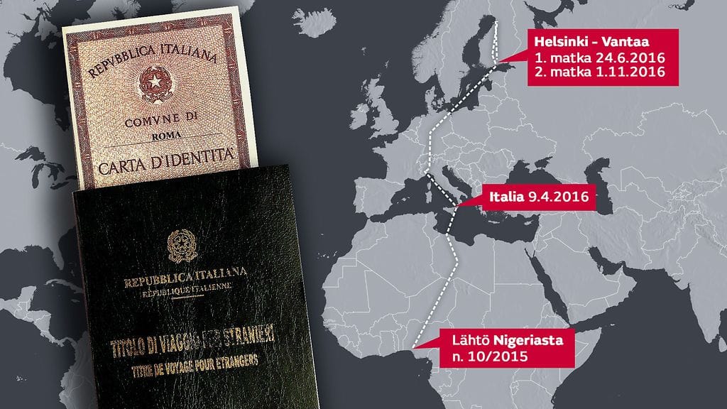 Nainen kuljetettiin Suomeen Italian kautta. Kuvassa toisen rikoksesta epäillyn käyttämät väärennetyt Italian henkilö- ja matkustusasiakirjat.