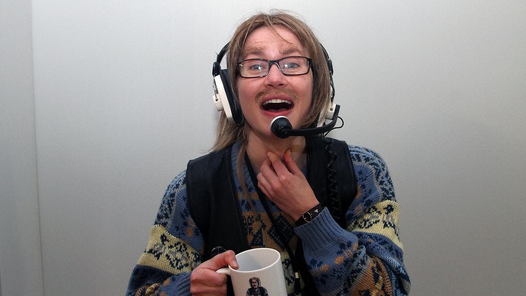 "Ratiomies" Murosen Kari eli Minka Kuustonen Putouksen kuvauksissa Radio Novalla 14. helmikuuta 2017.