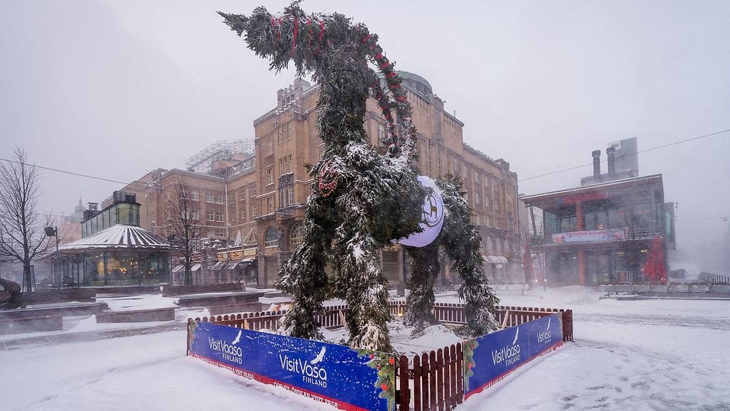 Vaasan seudun matkailun havupukilla oli sama kohtalo kuin kuuluisalla Gävlen olkipukilla Ruotsissa. Tässä havupukki vielä ehjänä. Kuva: VisitVaasa