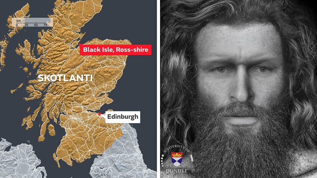 Miehen luuranko löydettiin Skotlannin Black Islen niemimaalla sijaitsevasta luolasta. Kuvassa oikealla tutkijoiden luoma mallinnus miehen kasvoista.