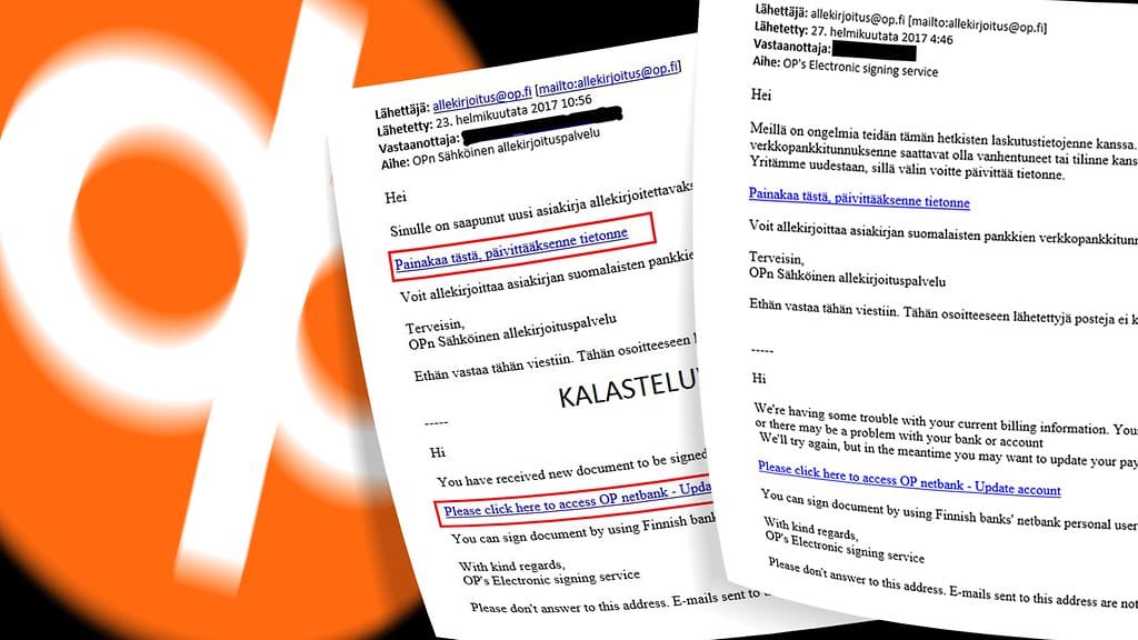 OP varoittaa kahdesta erilaisesta kalasteluviestistä.