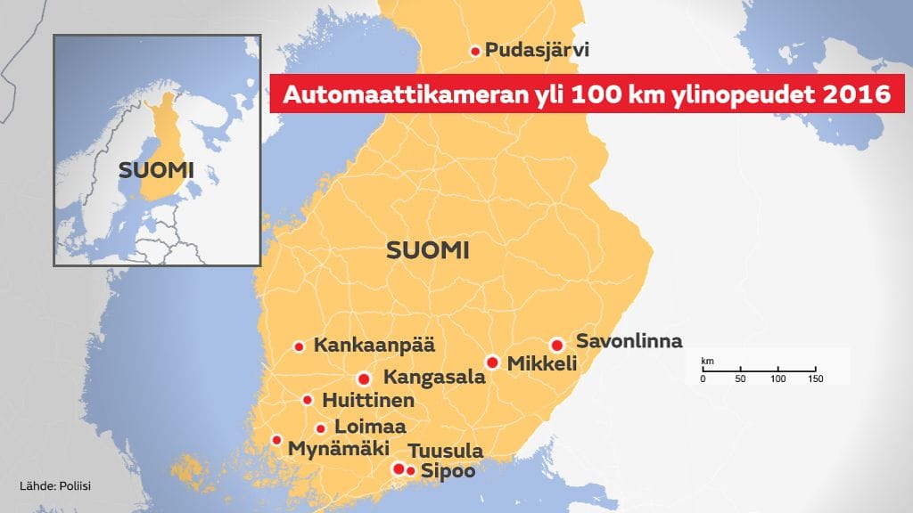 Automaattikameran 2016 isto ylinopeudet kartalla