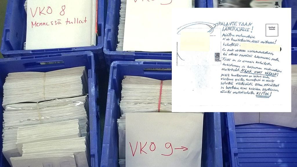 Näissä laatikoissa makaavat Postin Oulun aluekonttoriin viime viikkoina palautetut muiden jakeluyhtiöiden kirjeet. Kuva: Posti