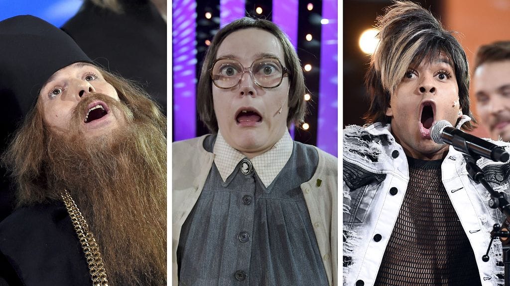 Isä Nitro (Timo Lavikainen), Aina Inkeri Ankeinen (Pilvi Hämäläinen) ja Abdul Tuisku (Ernest Lawson) eläytyivät Putous-finaalissa 11. maaliskuuta 2017.