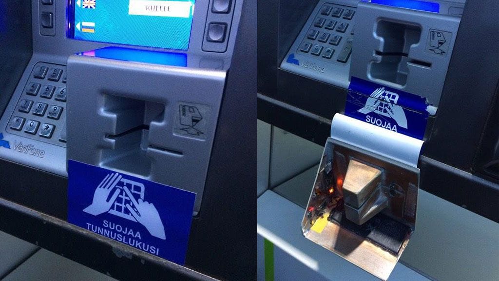 Vasemmalla skimmauslaite paikallaan. Oikealla laite on revitty irti. Kuva: Tiina Jokela.