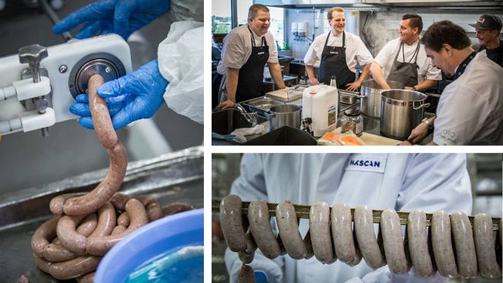 Mika Roito, Pekka Salmela, Eero Vottonen, Tero Mäntykangas ja Pekka Terävä HK:n koekeittiössä valmistamassa makkaraa. Kuvasta puuttuu keittiömestari Jaakko Sorsa.