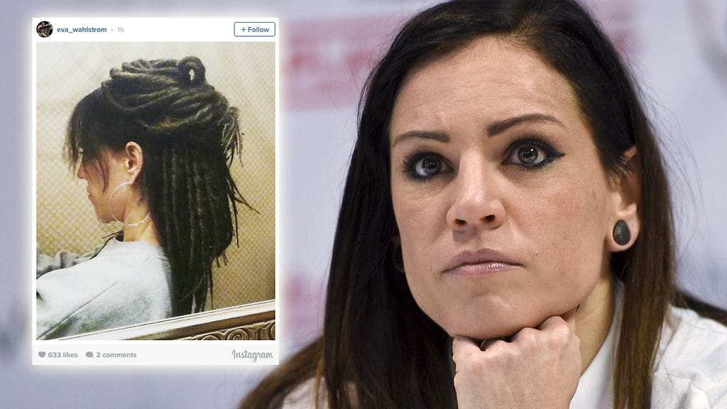 Eva Wahlströmin hiustyyliä maaliskuussa 2017 (pienempi kuva) ja joulukuussa 2016 (isompi kuva).