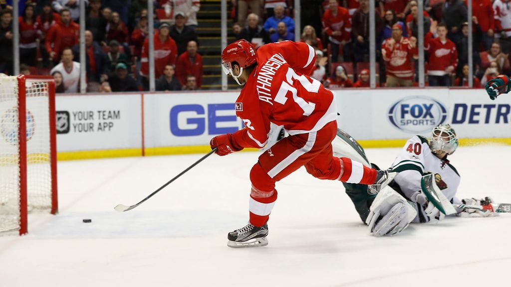 Andreas Athanasiou iski Detroitin voittomaalin jatkoajalla.