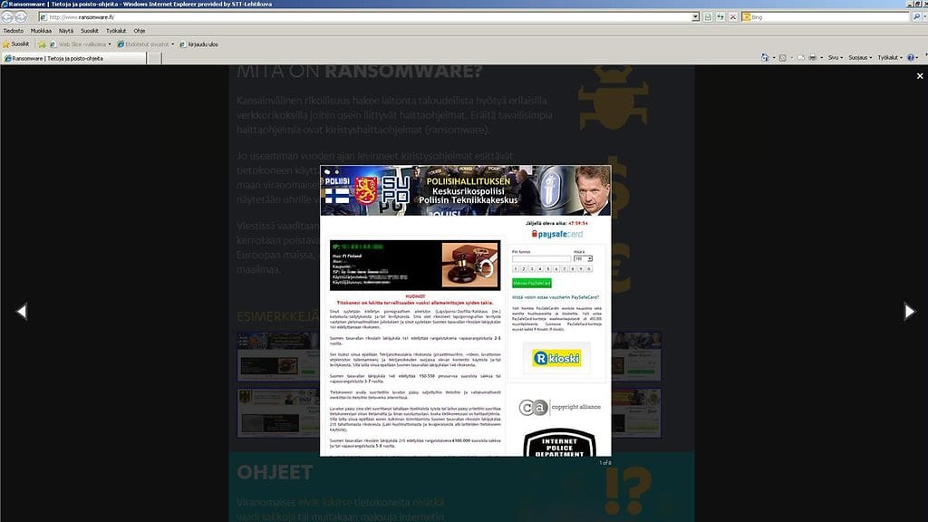 Kuvassa kiristyshaittaohjelma, joka lukkiuttaa tietokoneen Poliisin nimissä.