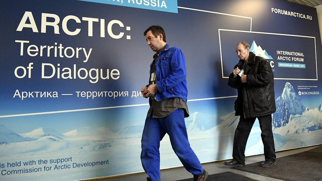Arkangelin kansainvälisen arktisen foorumin valmistelut ovat täydessä käynnissä Arkangelissa, Venäjällä 28. maaliskuuta 2017.