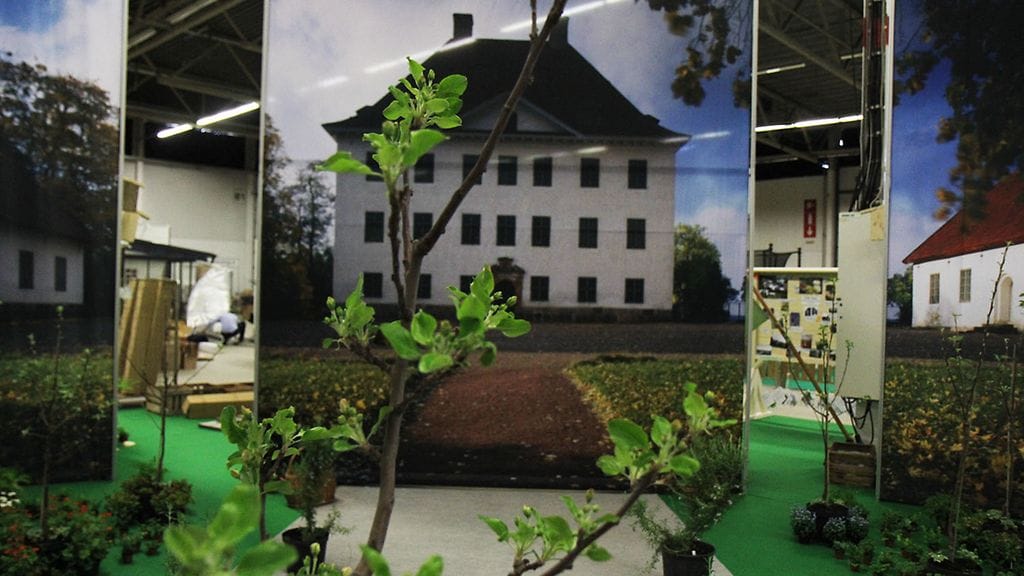 Mannerheimin Omena -lajikkeen puun taimia on esillä ja myynnissä Turun Piha & Puutarha -messuilla perjantaina. Taustalla Louhisaaren kartano Askaisista, jossa marsalkka Mannerheim syntyi.