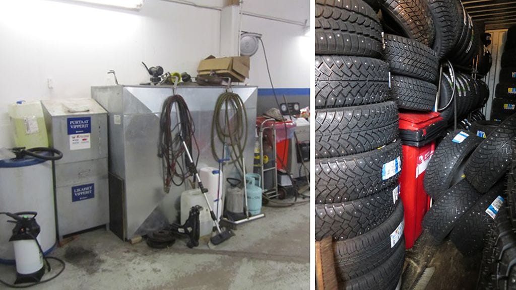 Vasemmalla on poliisin mukaan kaikki kunnossa. Oikeanpuolimmaisessa kuvassa vaarallisten jätteiden säiliö on puolestaan unohdettu rengaskasan alle.