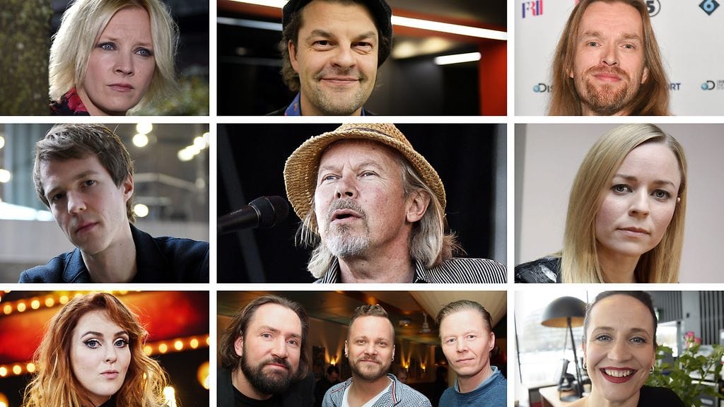 Vasemmasta alakulmasta myötäpäivään: Ellinoora, Olavi Uusivirta, Jonna Tervomaa, Tuure Kilpeläinen, Anssi Kela, Paula Vesala, Maija Vilkkumaa ja Egotrippi versioivat J. Karjalaisen (keskellä) kappaleita miehen 60-vuotispäivän kunniaksi.