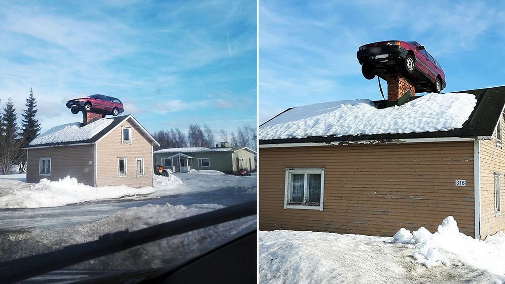 Piipun päälle nostettu vanha farmariauto on ihmetyttänyt monia.