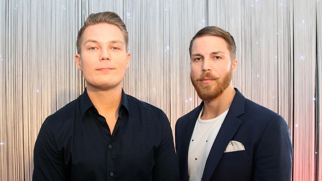 Jare eli Cheek ja Jere Tiihonen (oikealla) Cheek-elokuvan pressitilaisuudessa 2018.