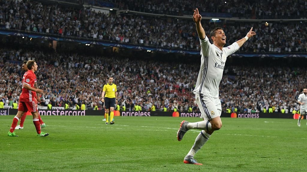 Cristiano Ronaldo teki viisi maalia otteluparissa Bayernia vastaan.