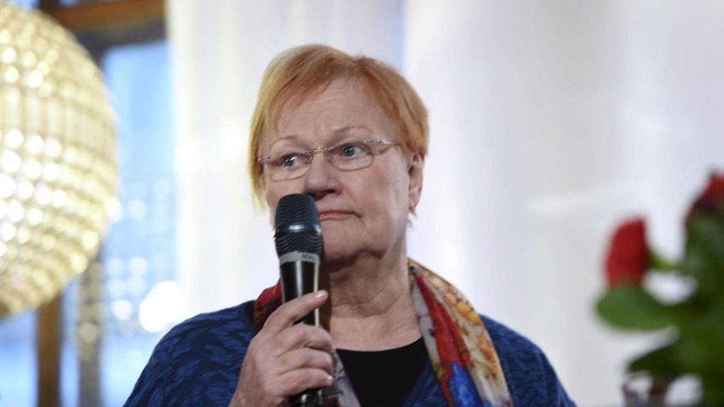 Presidentti Tarja Halonen puhui SDP:n vaalivalvojaisissa ravintola Seurahuoneella Helsingissä huhtikuussa 2017.