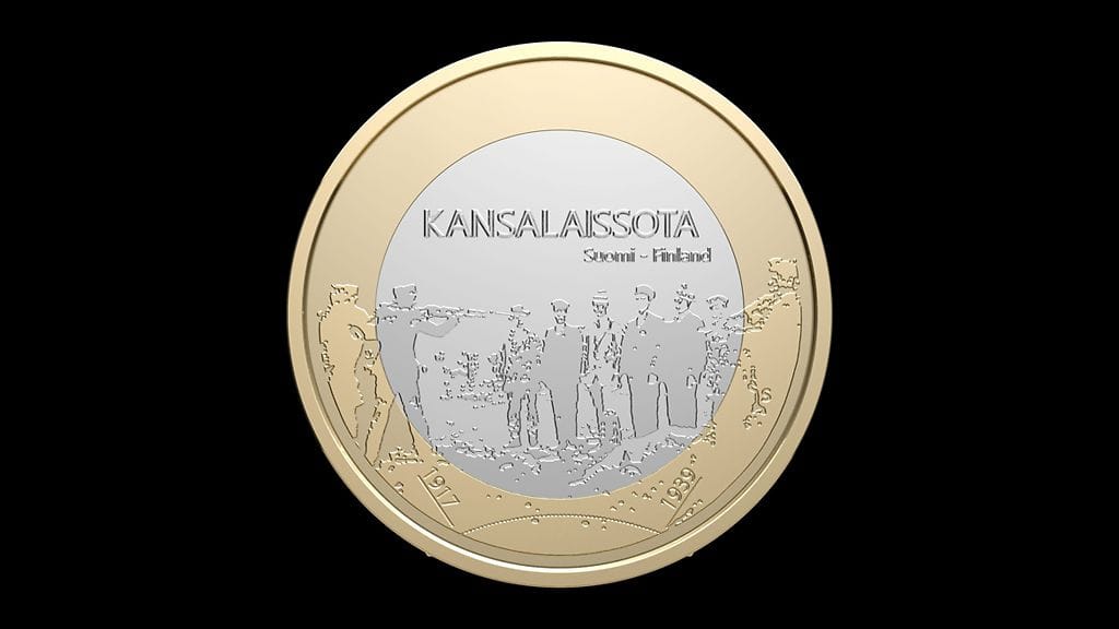 Juhlarahan tunnuspuolelle on kuvattu vuoden 1918 kansalaissodan teloitus.