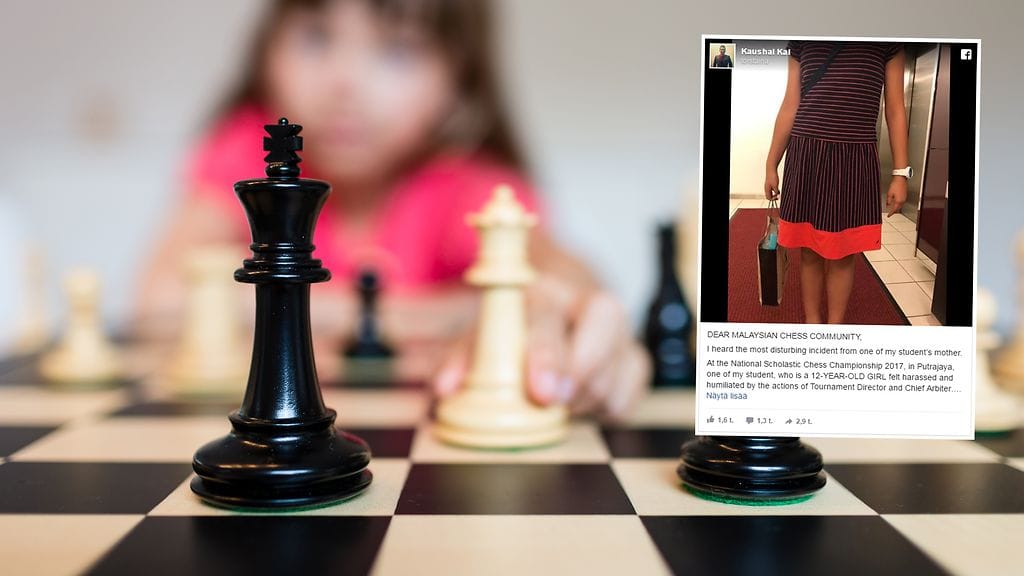 Shakkikilpailuihin osallistunut tyttö joutui erikoiseen tilanteeseen mekkonsa vuoksi.